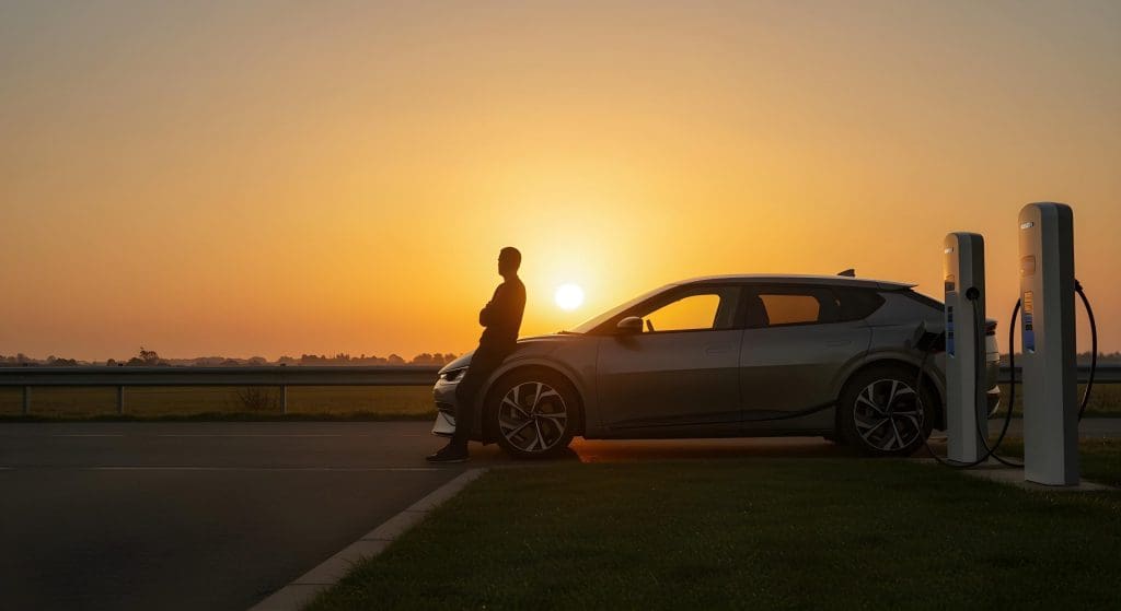 person standing next to a car at a gas pump, highlighting a future proof EV purchase for 2025 in the UK