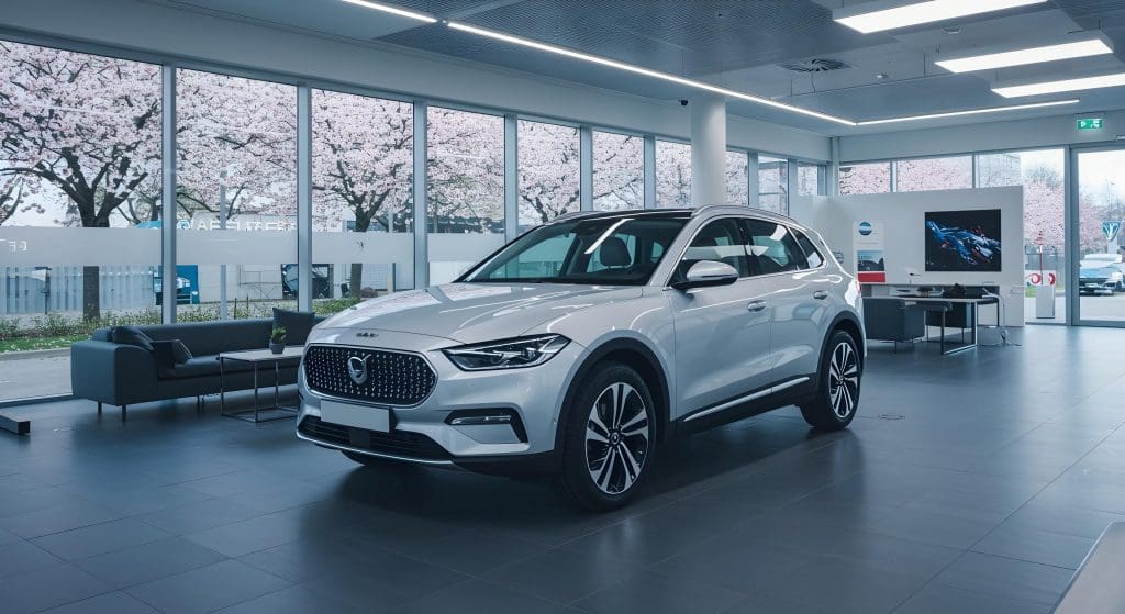 white car is parked in a showroom in accordance with the 2025 ZEV mandate uk