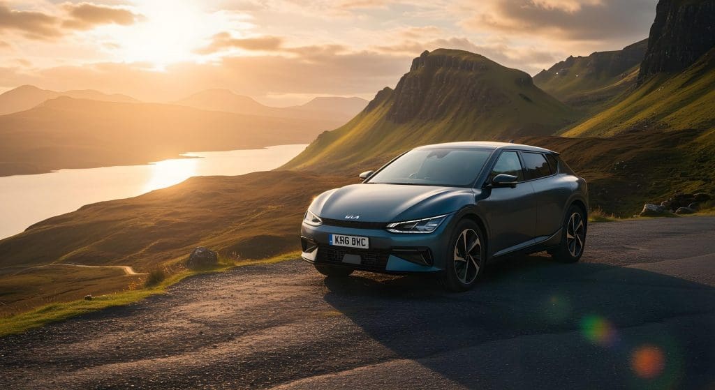 car parked on the side of a mountain road during a UK EV road trip
