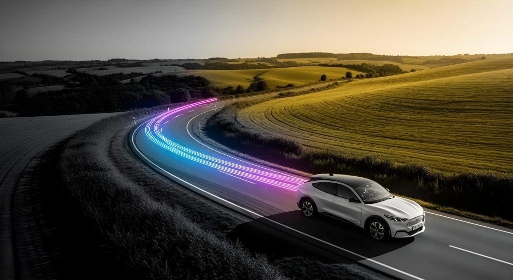 white car driving down a road next to a lush green field, showcasing reliable EV charging UK