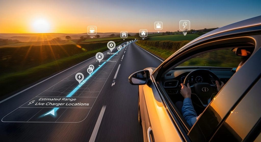 car driving down a highway with a view of the sun in the distance, showcasing an EV route planner
