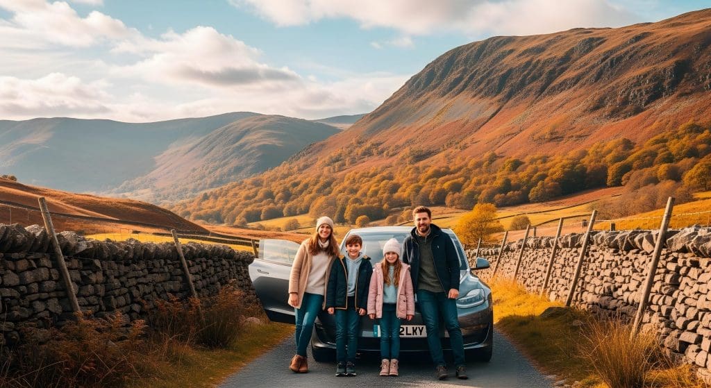 group of people standing in front of a car, discussing EV charging for beginners