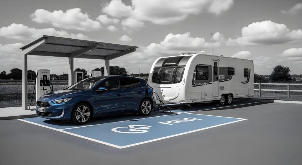 blue car parked in a parking lot next to a white bus, suitable for caravan friendly EV chargers UK