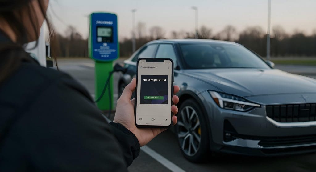 person holding a cell phone in front of a car, possibly reviewing ev charging receipts uk