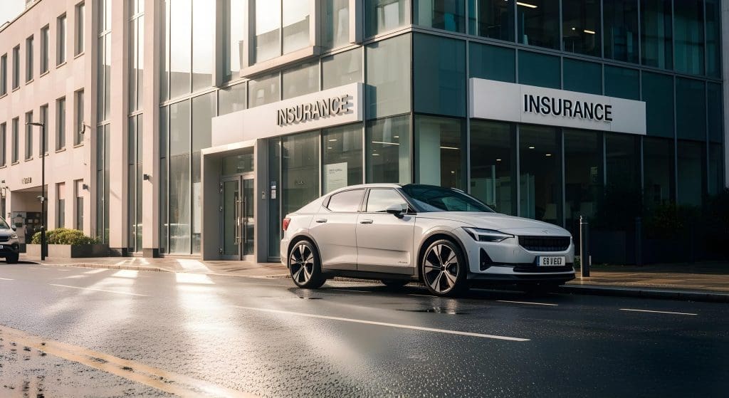 white car is parked in front of a building, highlighting the importance of ev insurance uk