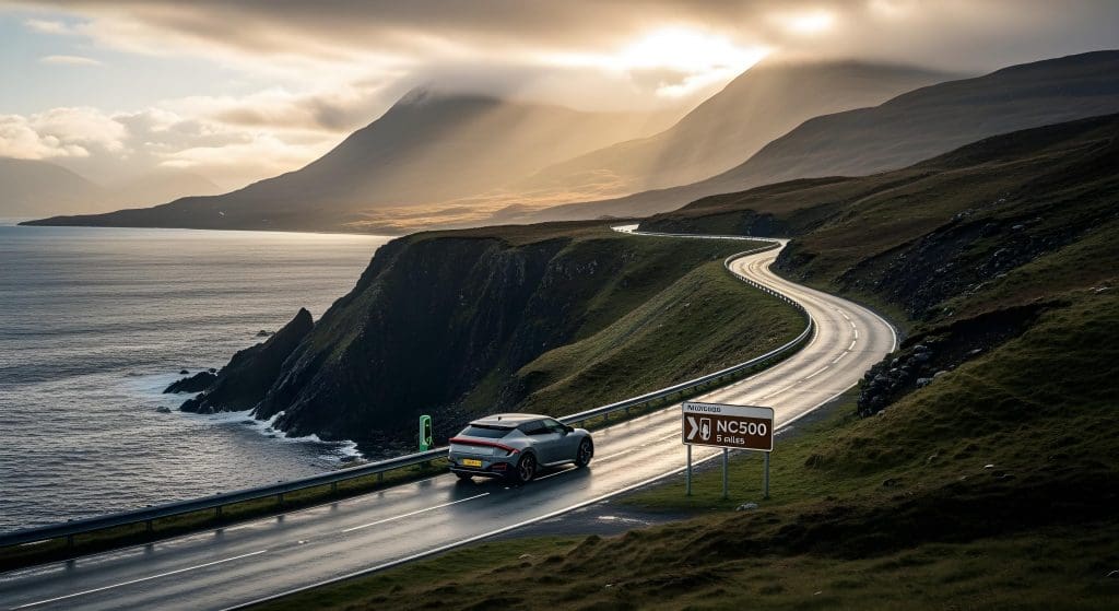 car driving down a road next to the ocean as seen in the NC500 EV guide 2025