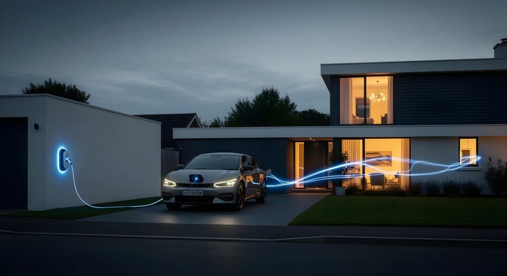 car is parked in front of a house, showcasing the concept of Vehicle-to-Grid V2G UK