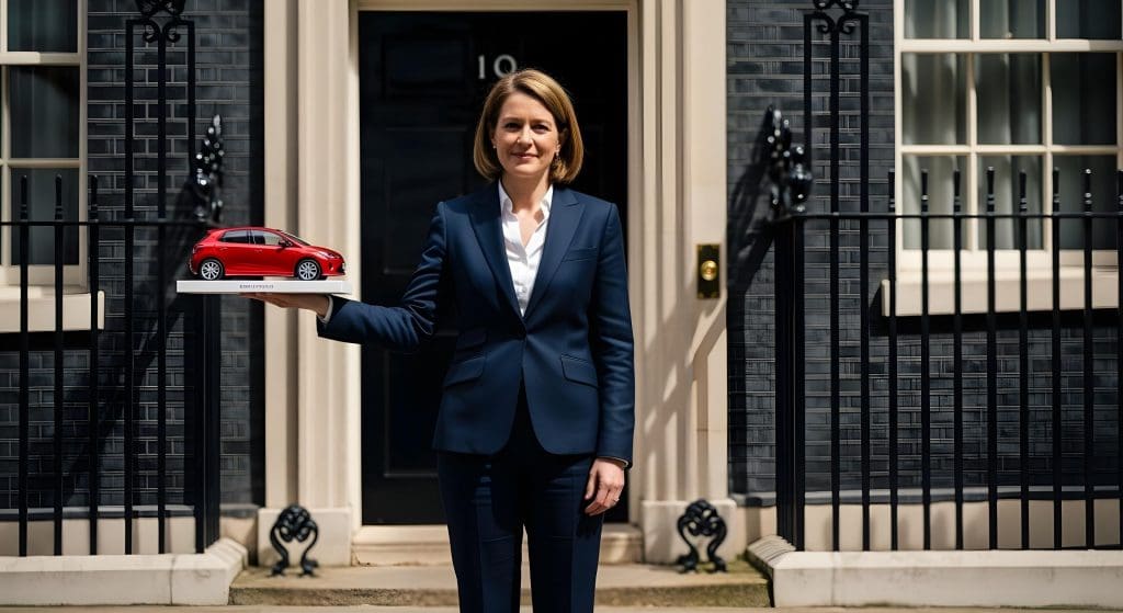 woman holding a tray with a red car on it, representing company car tax UK