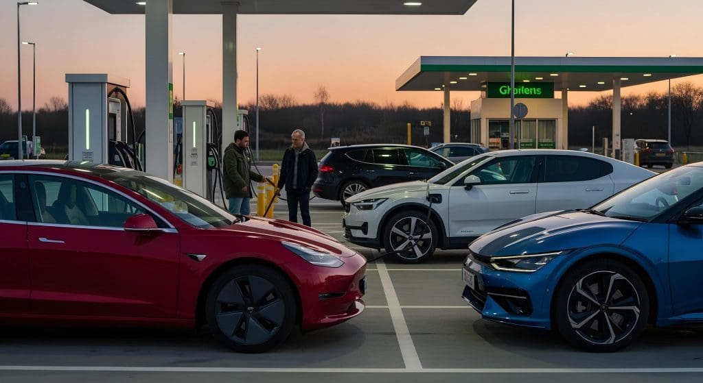 couple of cars parked in a lot next to a gas station, highlighting EV charging etiquette UK