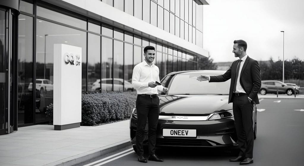 wo men shaking hands in front of an EV as part of a salary sacrifice scheme in the UK
