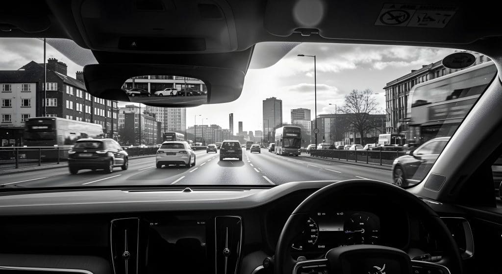 black and white photo of a city street showcasing EV commuting solutions