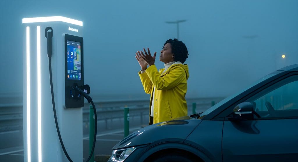 woman standing next to a car at a gas station, possibly considering ev charging pricing uk