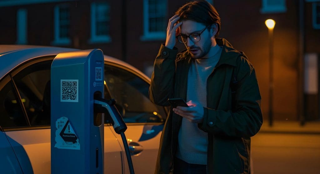 man standing next to a car at a gas pump, highlighting the importance of awareness regarding ev charging payment scams in the UK