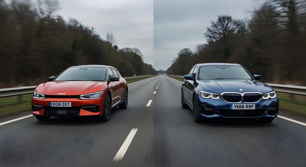 wo cars driving down a road next to each other, highlighting the question of whether an EV can replace a petrol car in the UK
