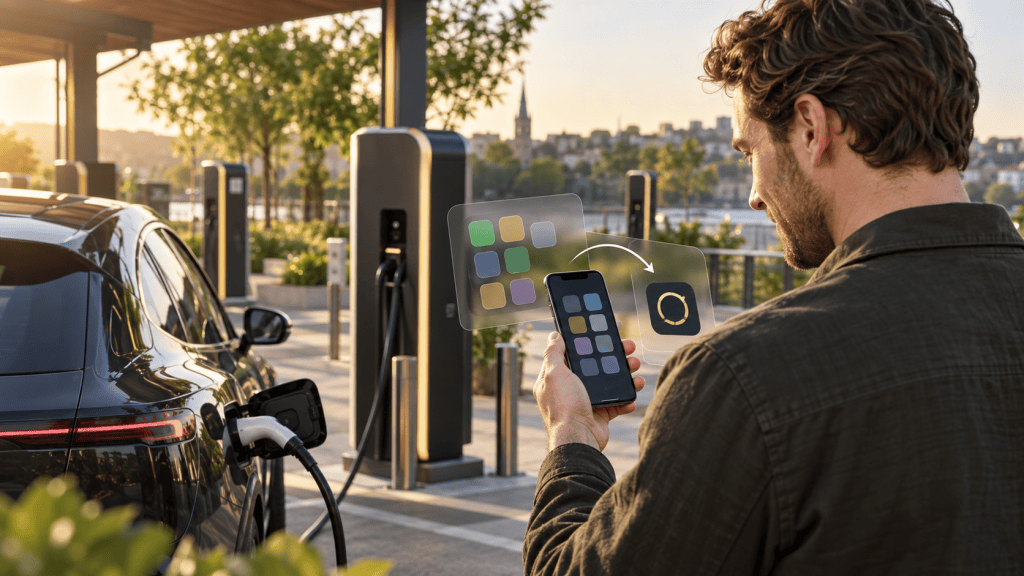 EV driver using a phone beside a public charge point and a charging electric car