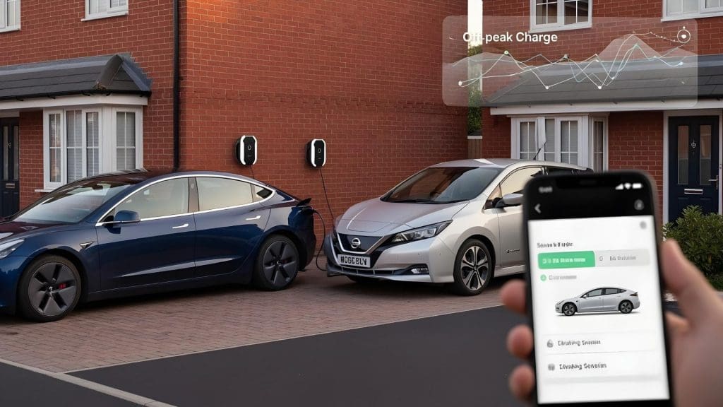 person holding a cell phone in front of a row of parked cars, highlighting the national grid EV charging capacity in the UK