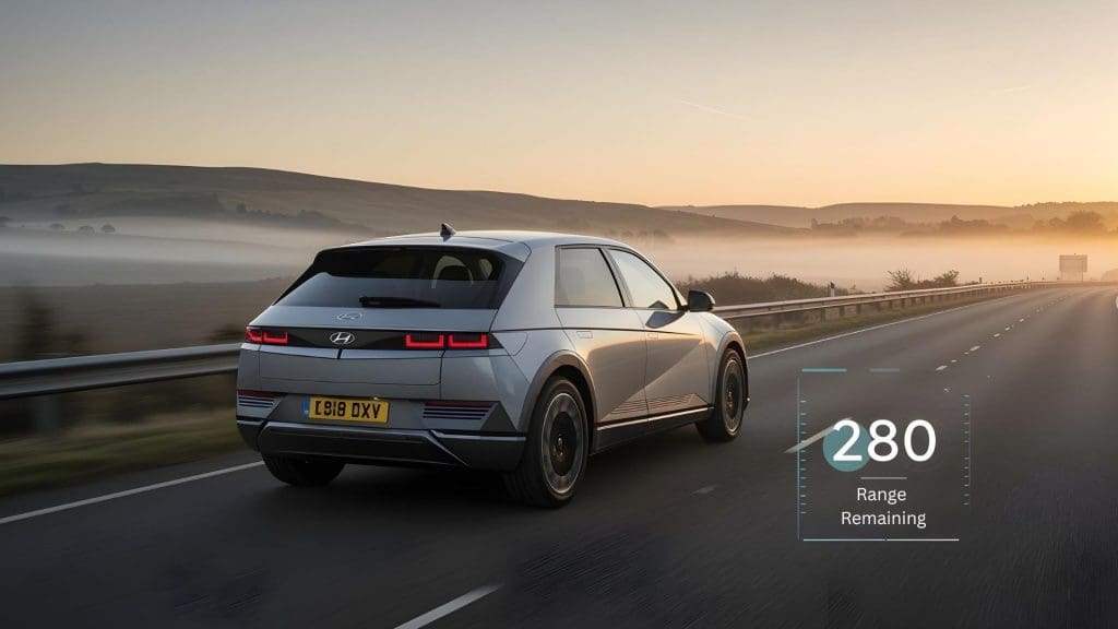 car driving down a road with the sun setting, showcasing range awareness for UK EVs