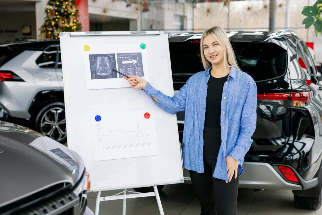 woman standing next to a white board in a parking lot discussing ev personality types uk
