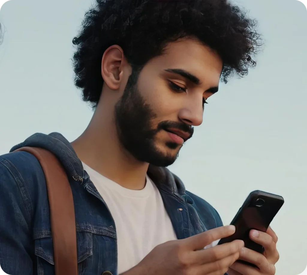 man with a beard is looking at his cell phone