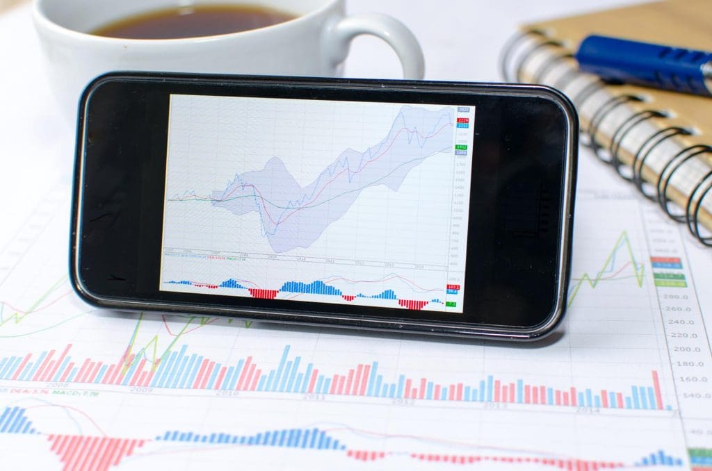 Smartphone displaying market charts and data on a desk