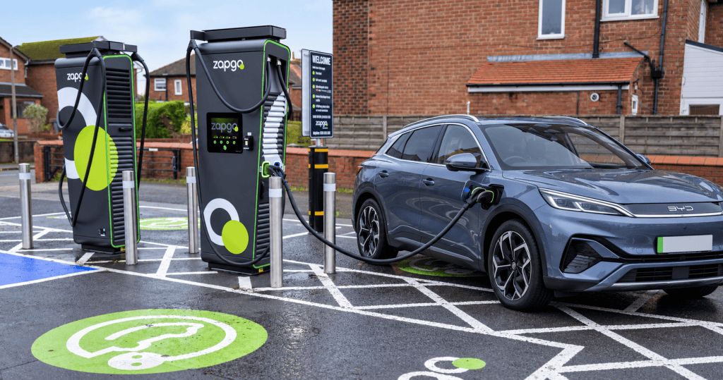 Electric car charging at a Zapgo rapid charging location