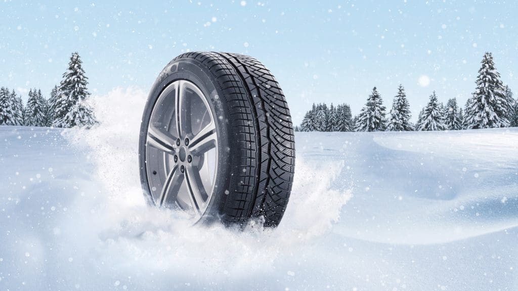 car tire in the snow with trees in the background