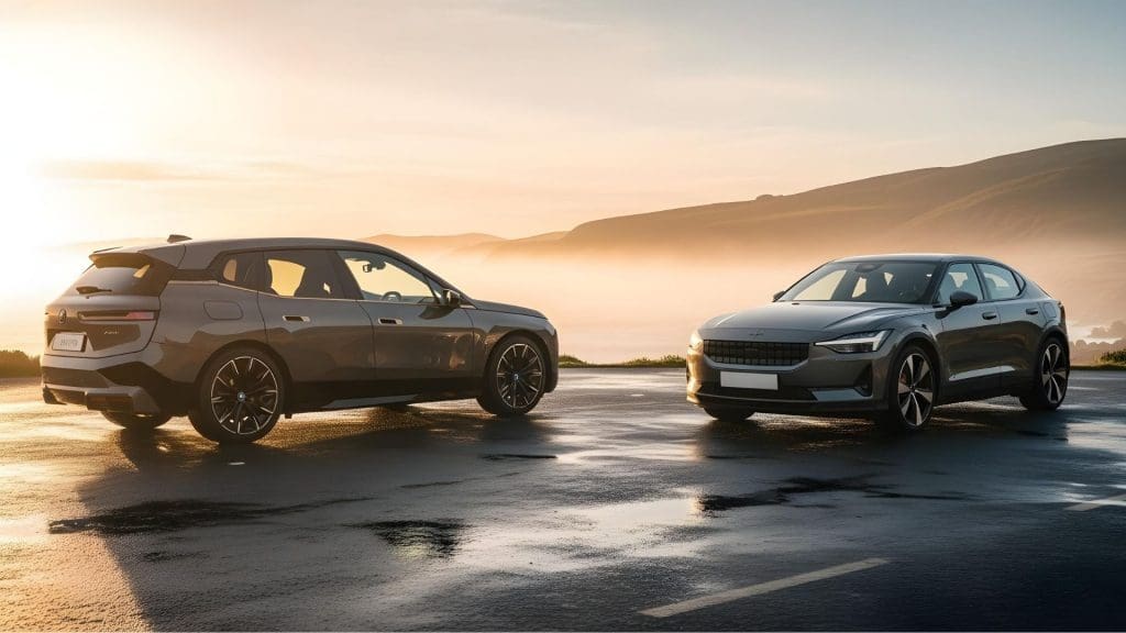 couple of cars, including a BMW iX and a Polestar 3, that are sitting in the street